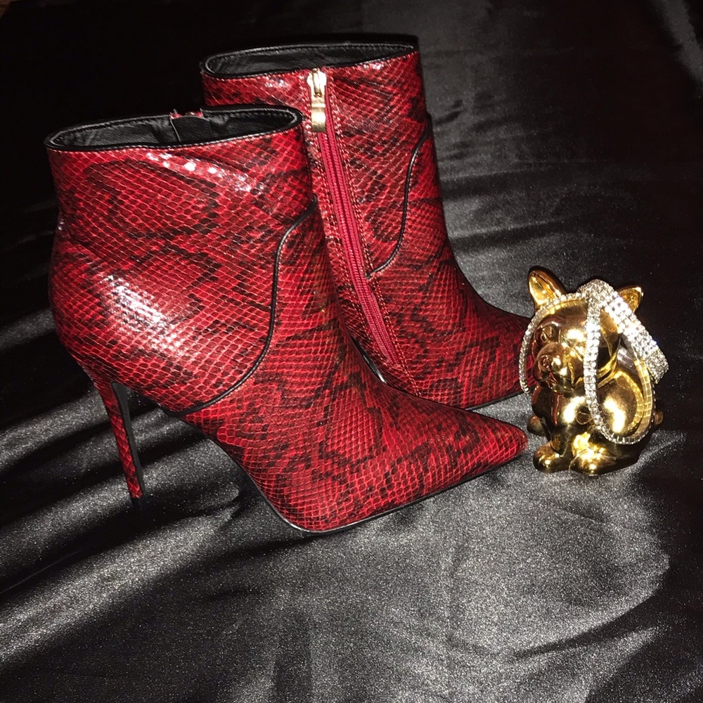 Red snake skin print booties